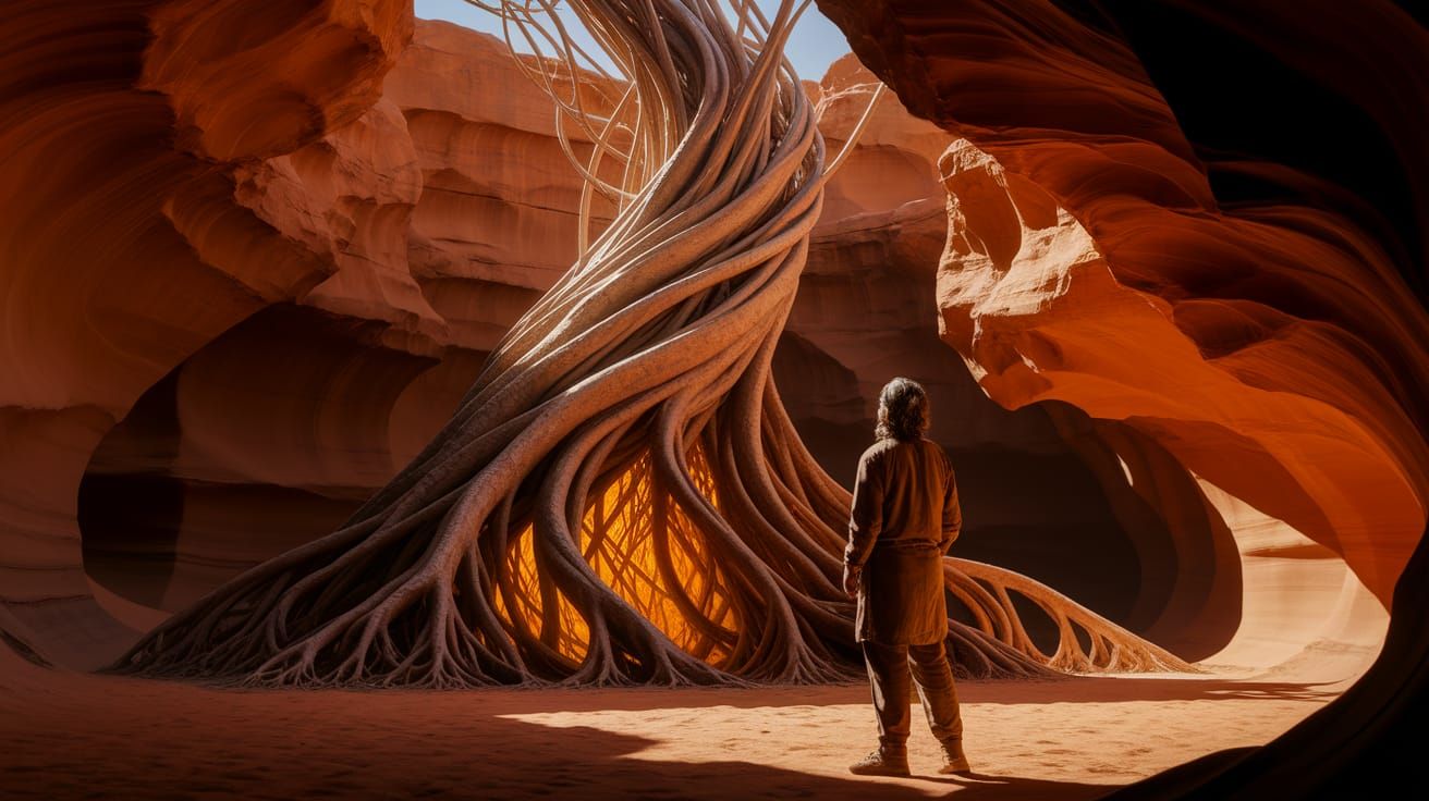 Anthropologist Explores Luminous Root System in Sunlit Canyo...