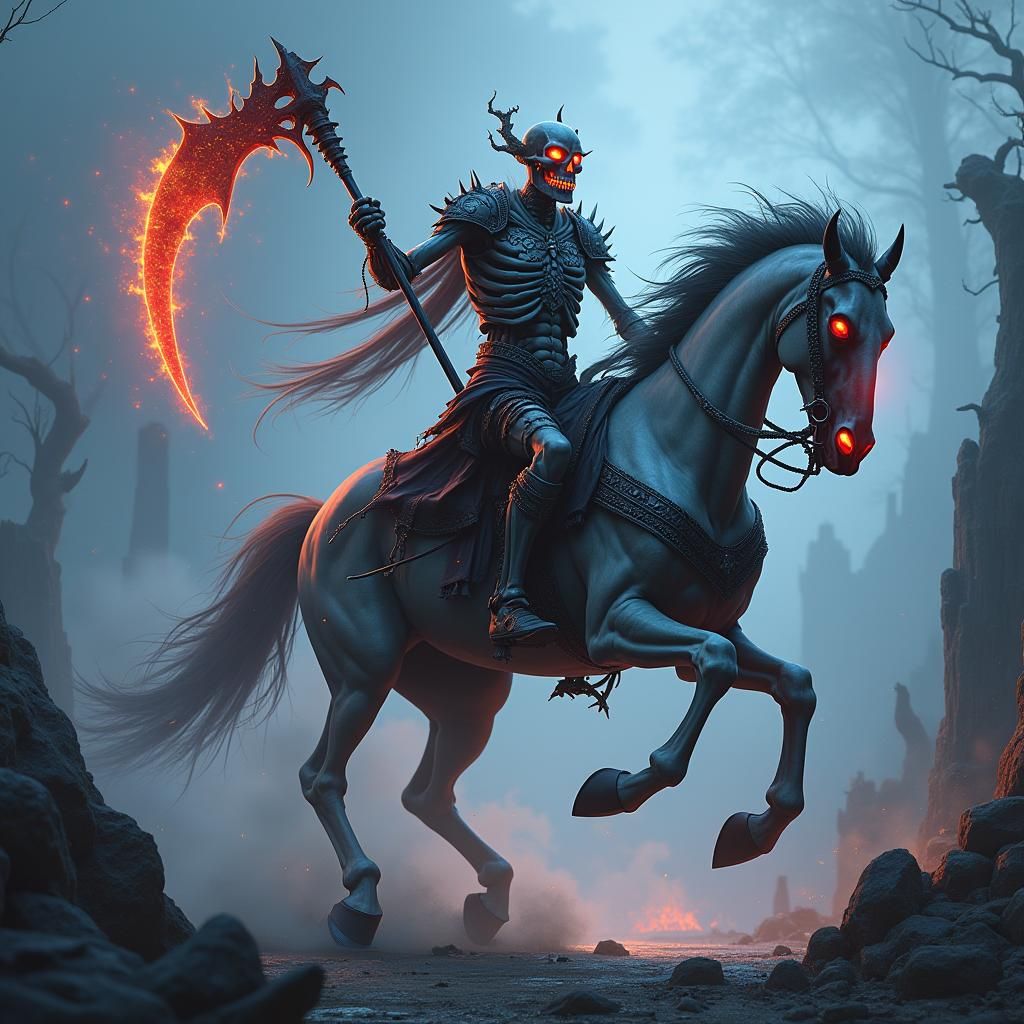 Skeleton Warrior on Undead Warhorse in Ruined Landscape