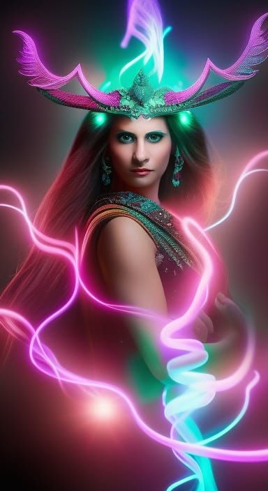 Bioluminescent Goddess with Crystal Staff