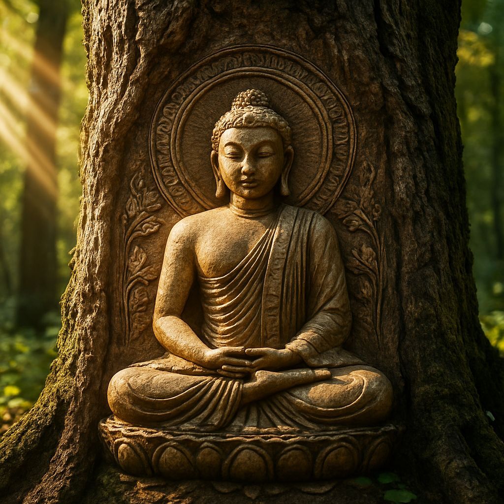 Sunlit Forest Tree with Buddhist Relief