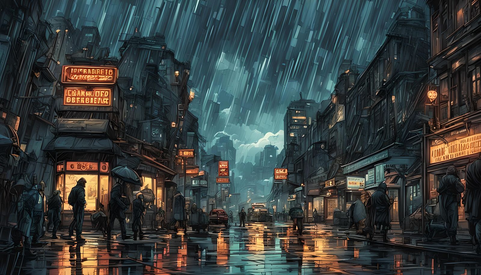 Rainy Cityscape in Comic Book Style