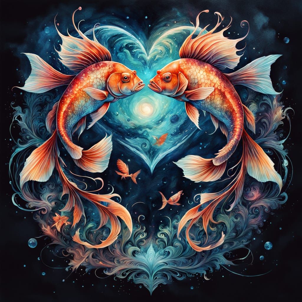 Symmetrical Cosmic Heart: Fish in Celestial Harmony