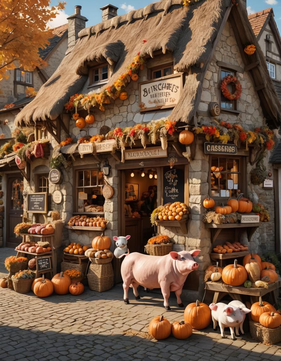 Charming Rustic Village Butcher Shop in Autumn