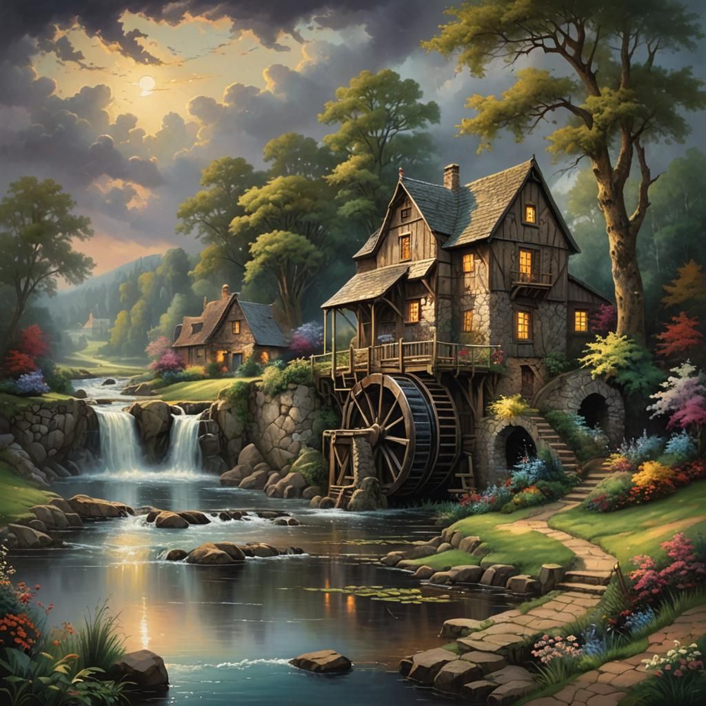 Vintage Watermill in Ethereal Fantasy Landscape