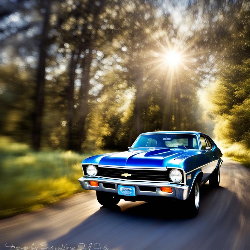 1971 Chevy Nova in Metallic Blue on Country Road