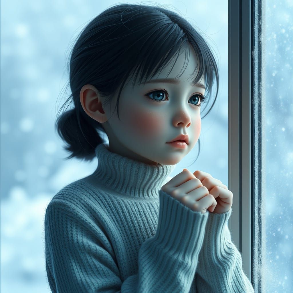Young Girl Contemplates Winter Storm through Frosty Window