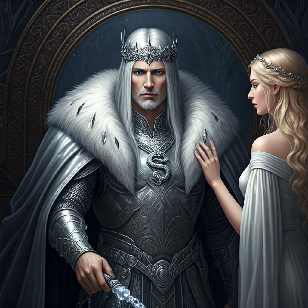 Regal Silver King in Mystical Realm Through Large Ornate Mir...