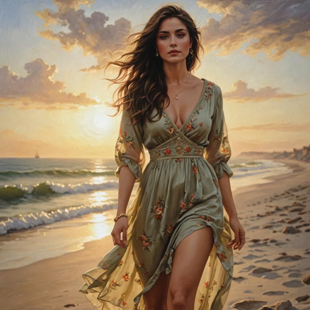 A woman on the beach at sunset (detailed oil painting)