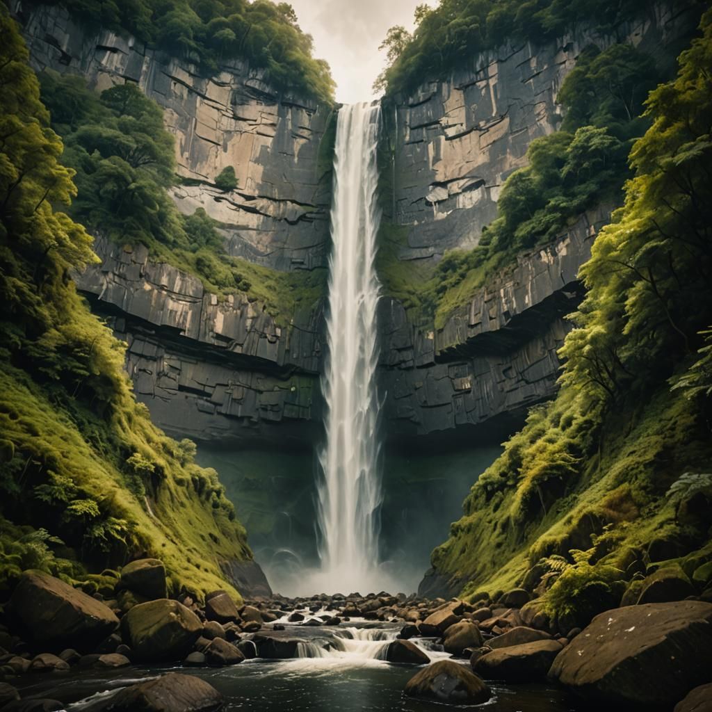 Majestic Waterfall Cascades in Golden Light