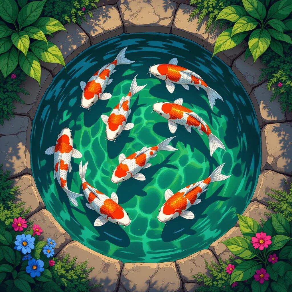 Vibrant Koi Pond in Comic Book Style