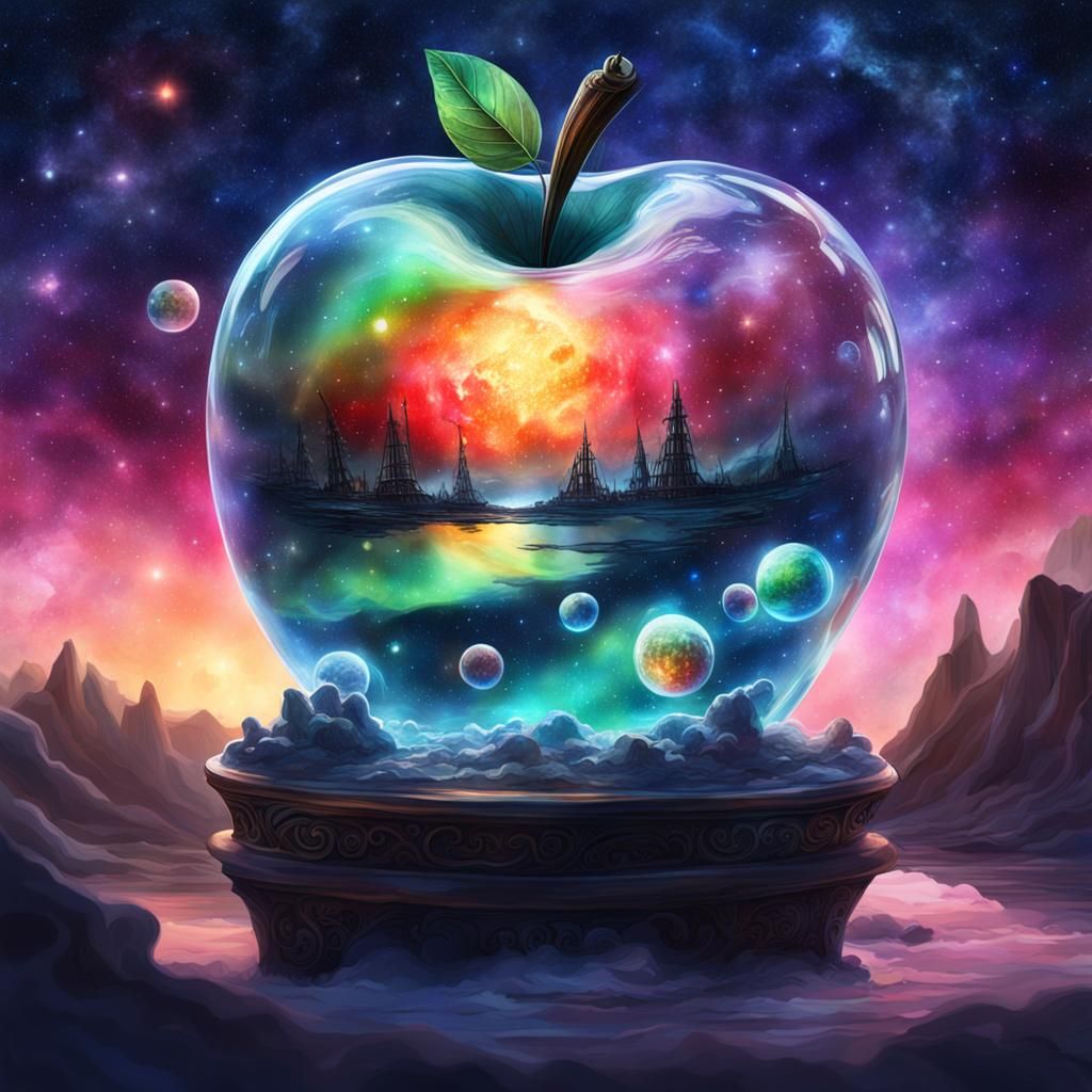 Glowing Glass Apple with Planets, Watercolour Style