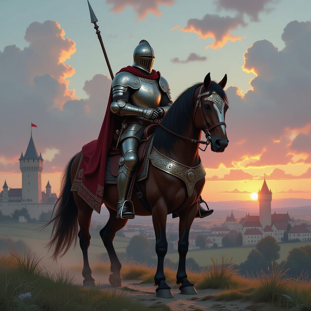 Armored Knight on Warhorse in Medieval Landscape