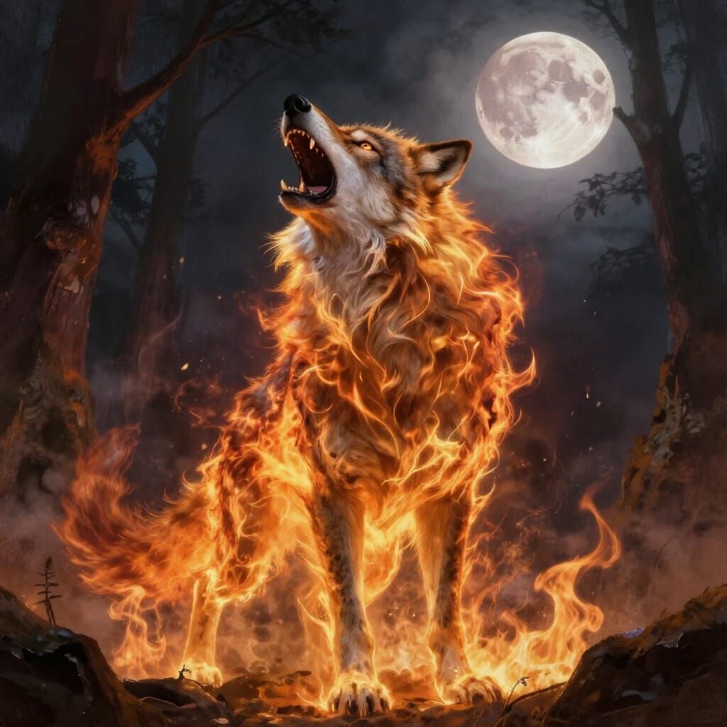 Werewolf in Ethereal Flames Howling at Blood Moon
