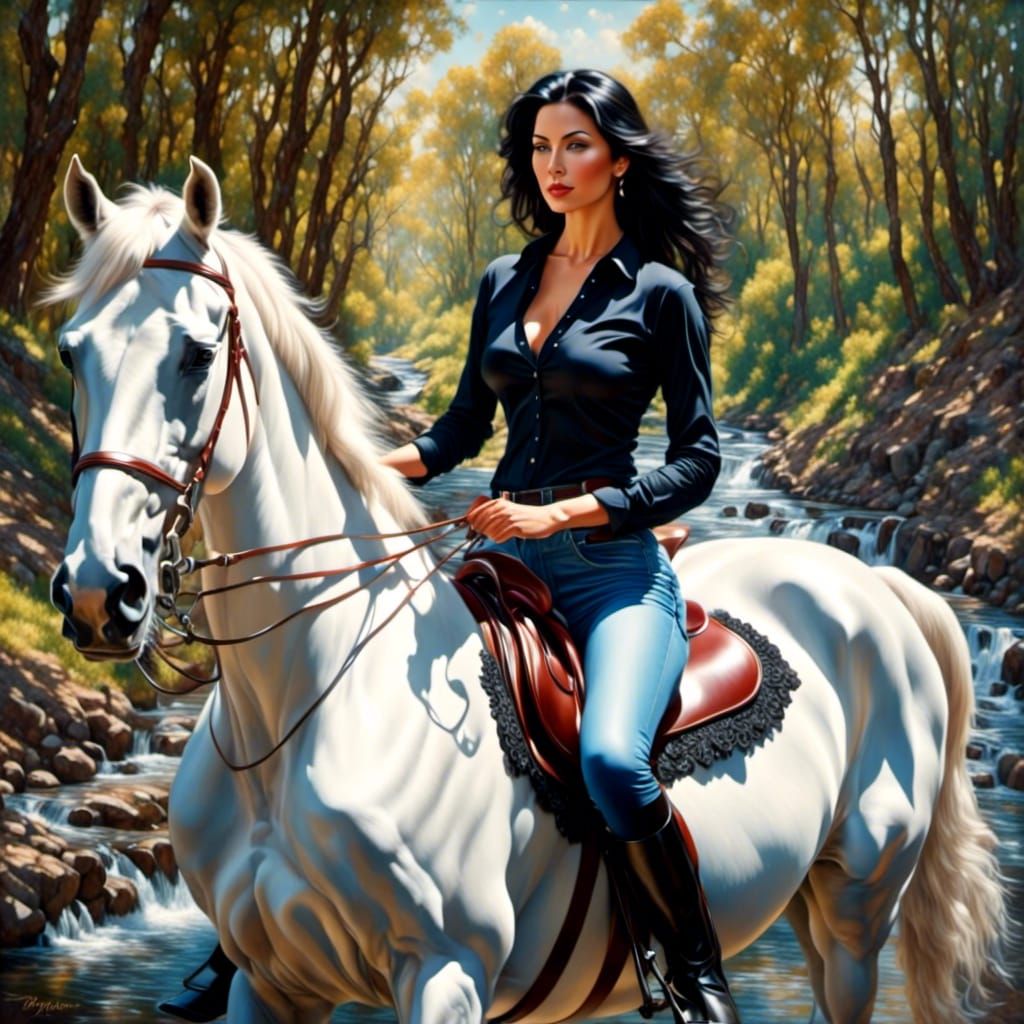 Beautiful Woman on Horseback as Oil Painting
