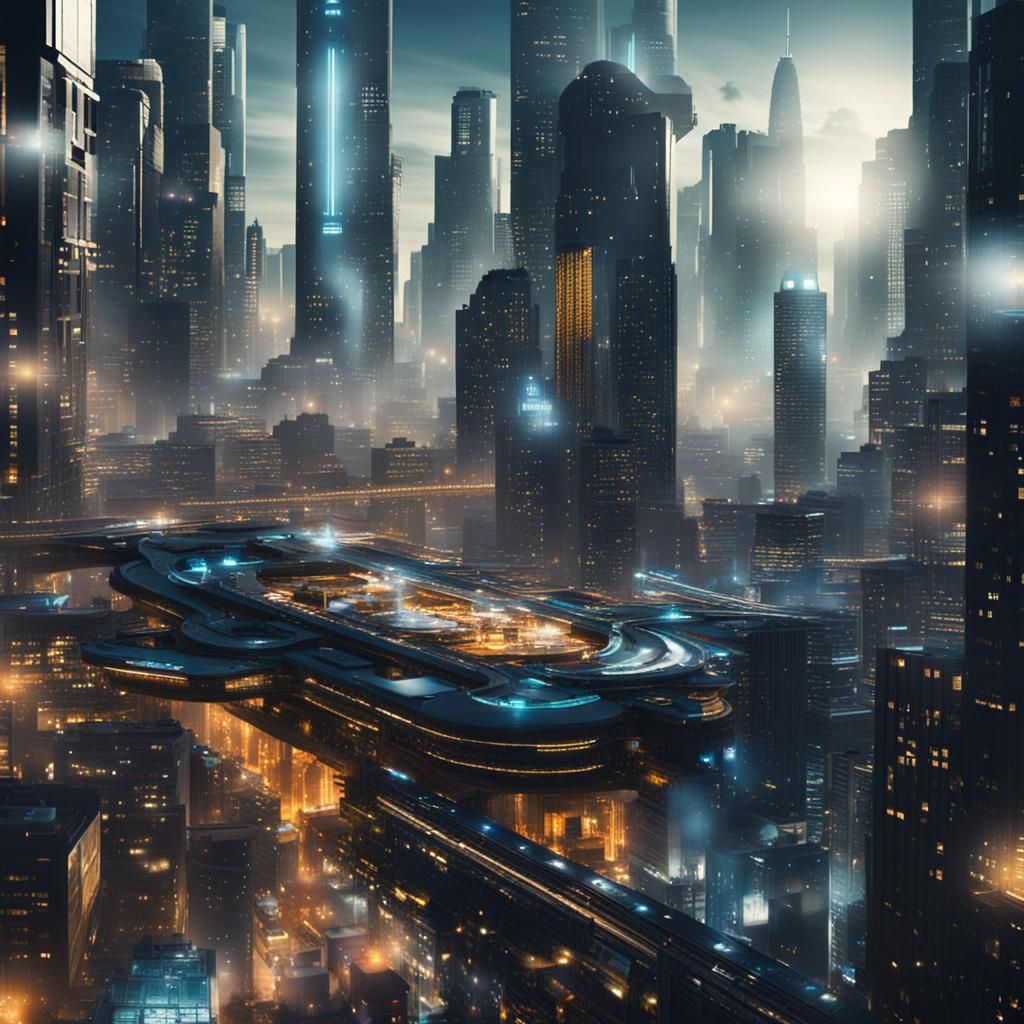 Futuristic Metallic Cityscape in Science Fiction Style
