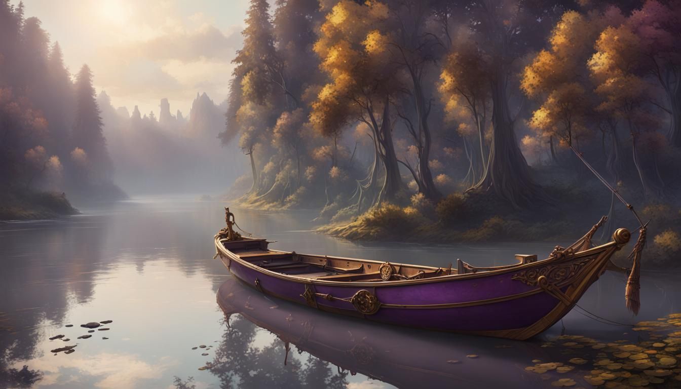 Dark Fantasy River Boat Art in 8K Resolution