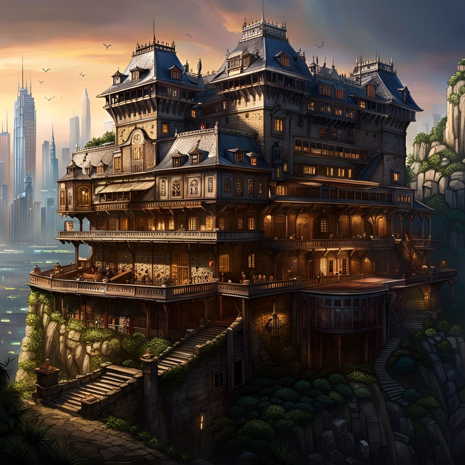 Cyberpunk Fortress Mansion on Hillside