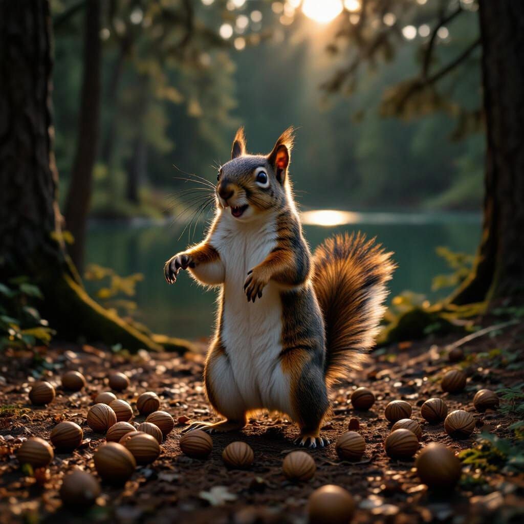 Happy Squirrel Dancing Amidst Forest Nuts
