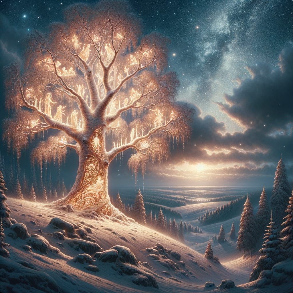 Hyperrealistic Birch Tree in Snowy Landscape, Starlit Sky