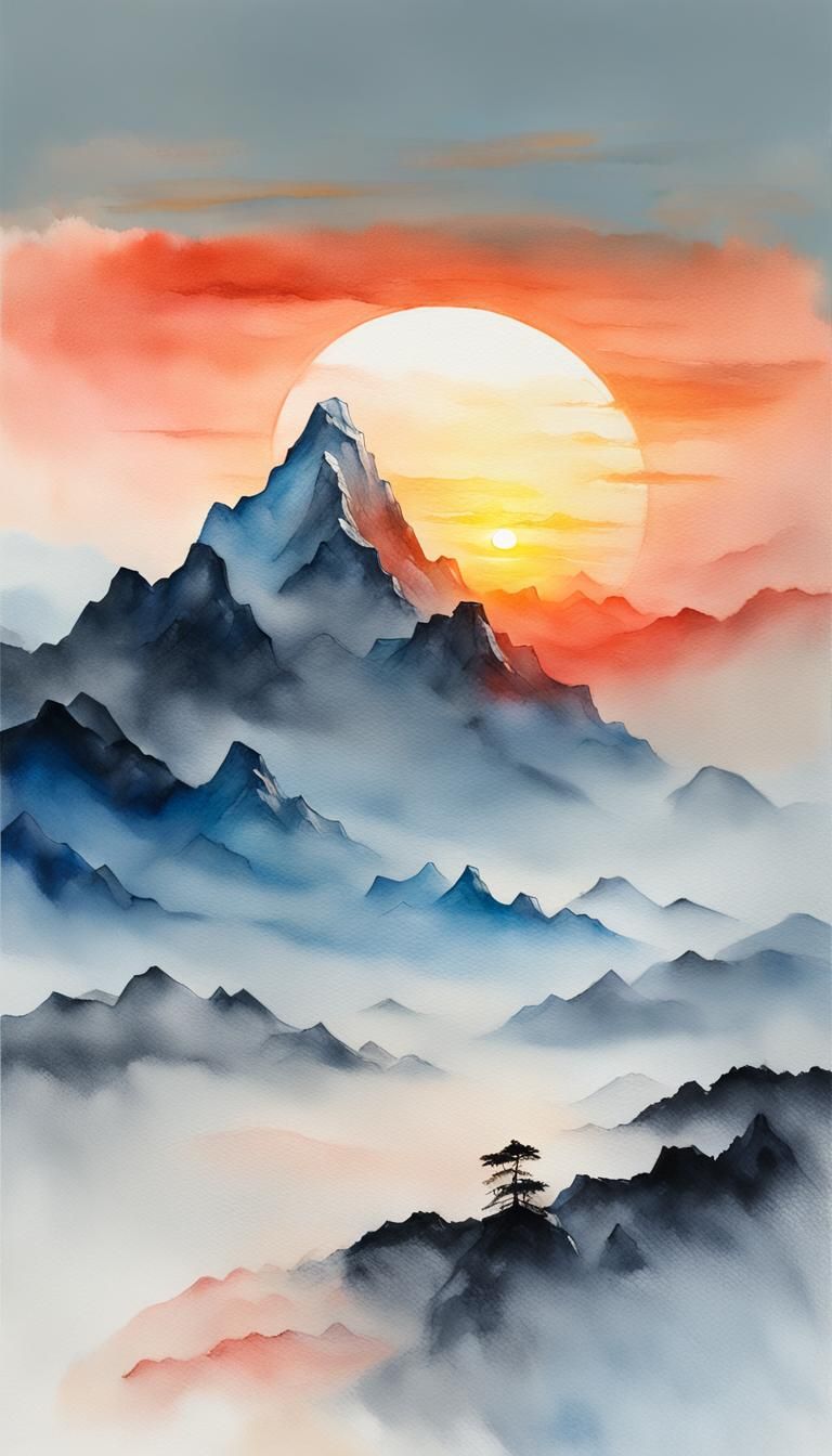 Minimalist Ice Mountain Sunset in Gouache Style