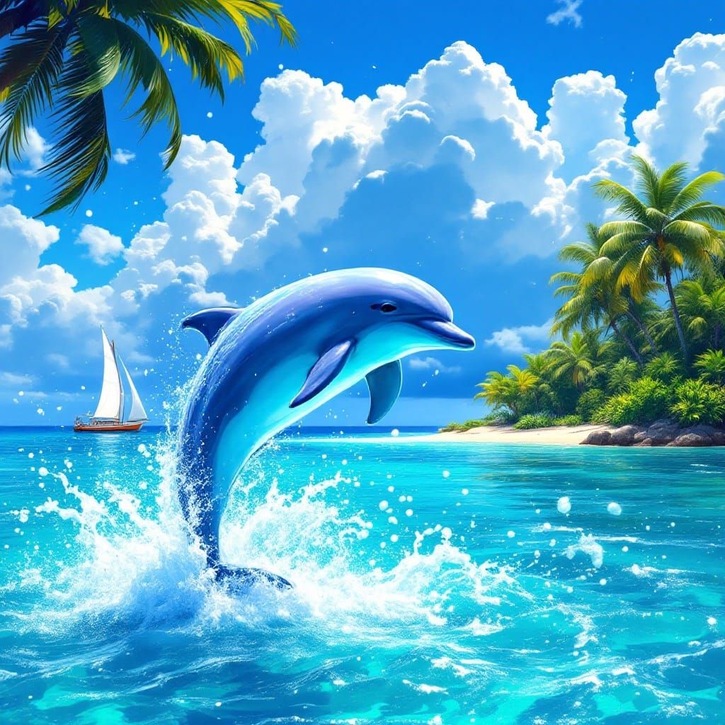 Dolphin Leaping in Tropical Waters, Digital Art