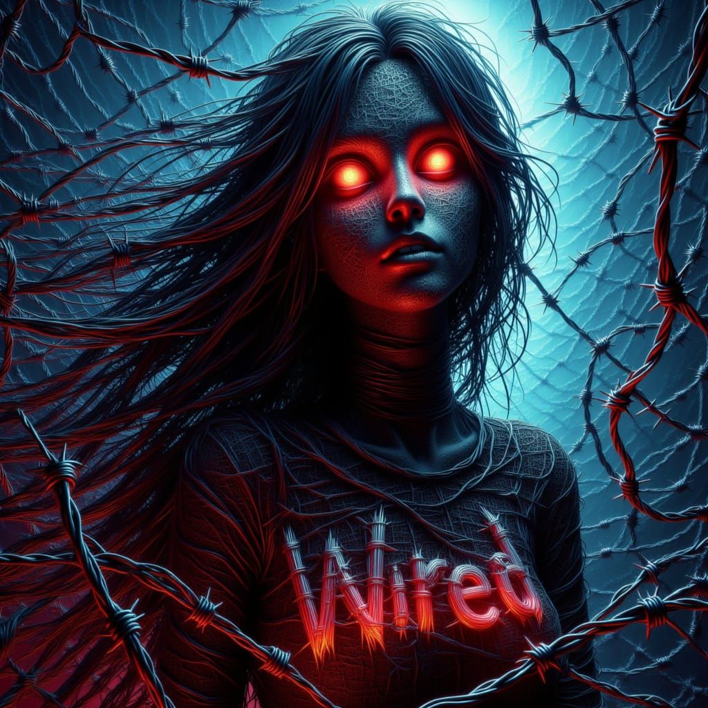Attractive Woman With "Wired" Shirt in Sinister Style