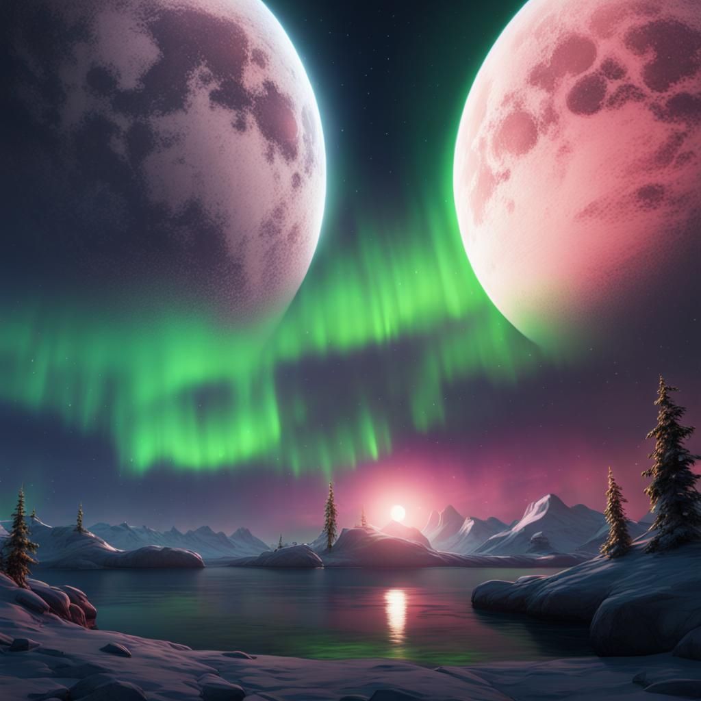 Sky with Two Moons and Northern Lights