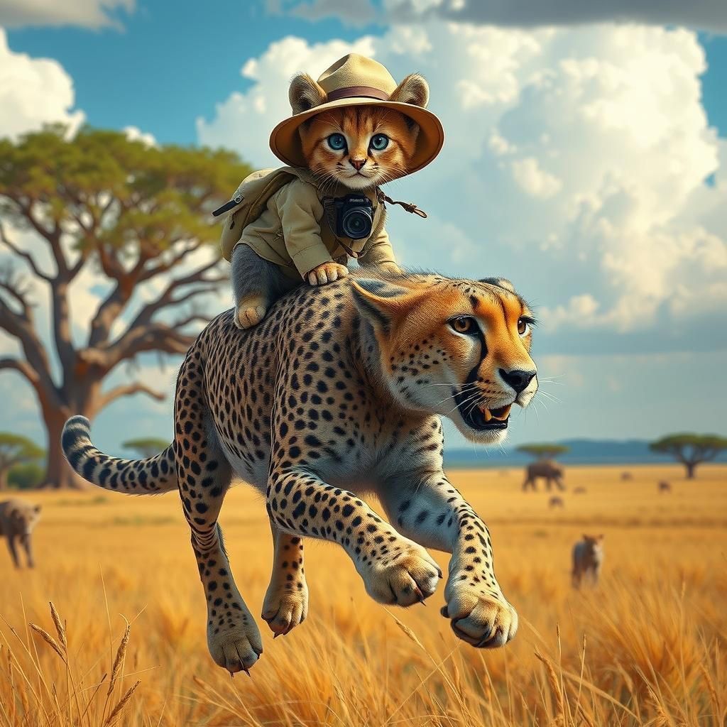 Adventurous Kitty on Cheetah Safari, Photorealistic Wildlife...