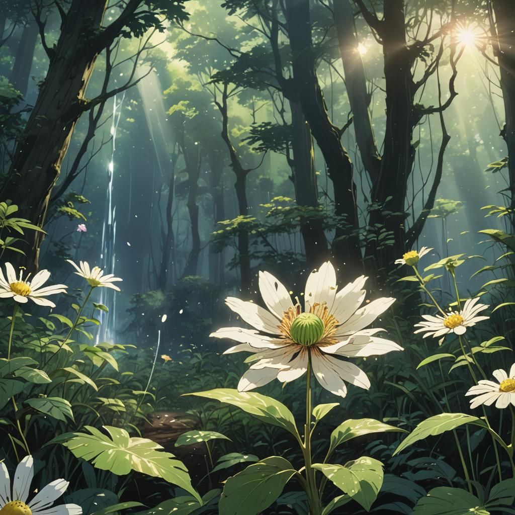 Wilting Flower in Forest: Makoto Shinkai Anime Style
