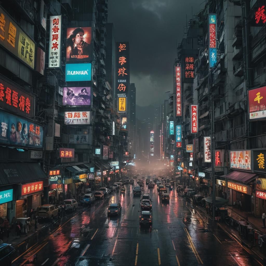 Hong Kong Street Scene in Cinematic Realism