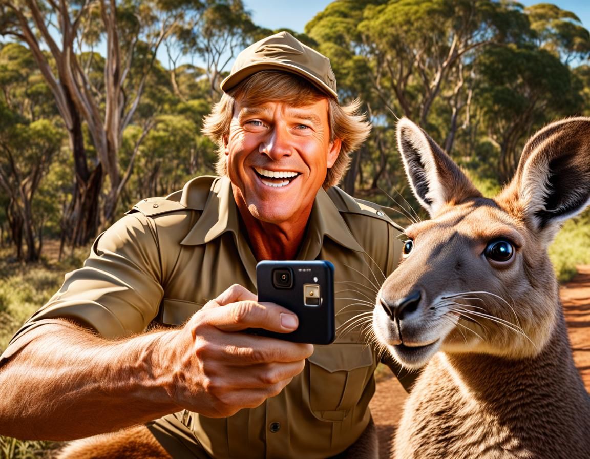 Steve Irwin Selfie with Kangaroo: Colorful Caricature