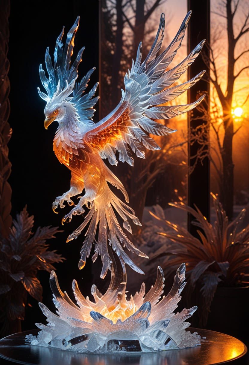 Fiery Phoenix Sculpture Encased in Ice Crystal