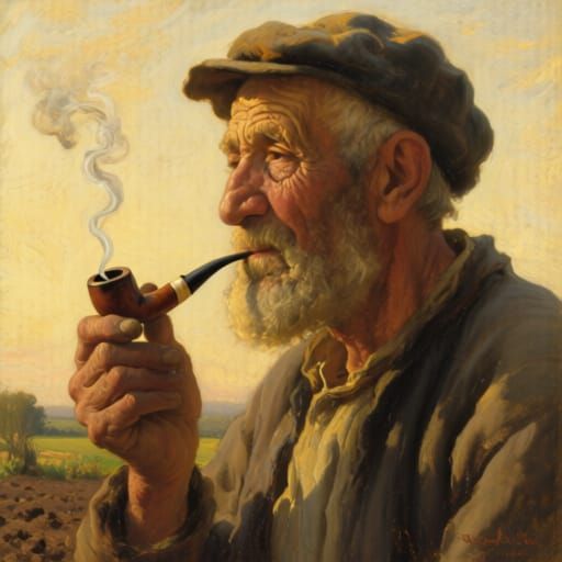 Old Farmer Contemplating in Golden Hour Light