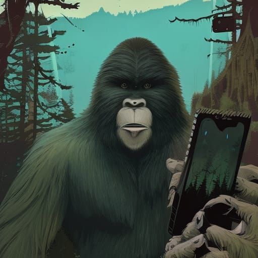 bigfoot sasquatch taking a selfie in the woods