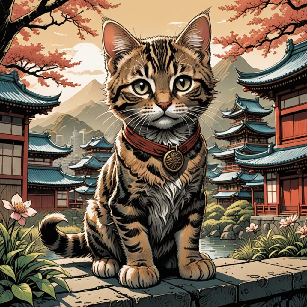 Style of Tenniel, a drawing of a tabby kitten visiting Japan