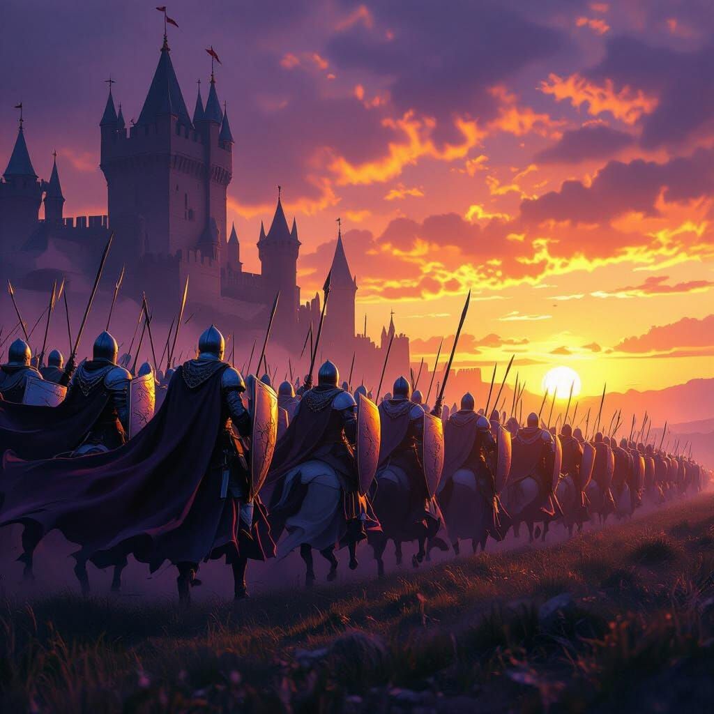 Knights Charge into Battle at Sunset