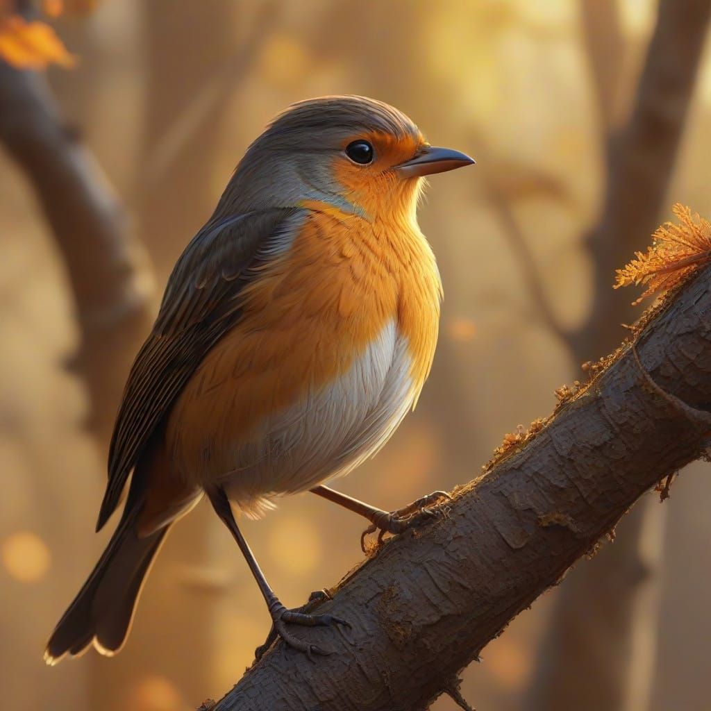 Robin Perched on Branch in Autumn Forest