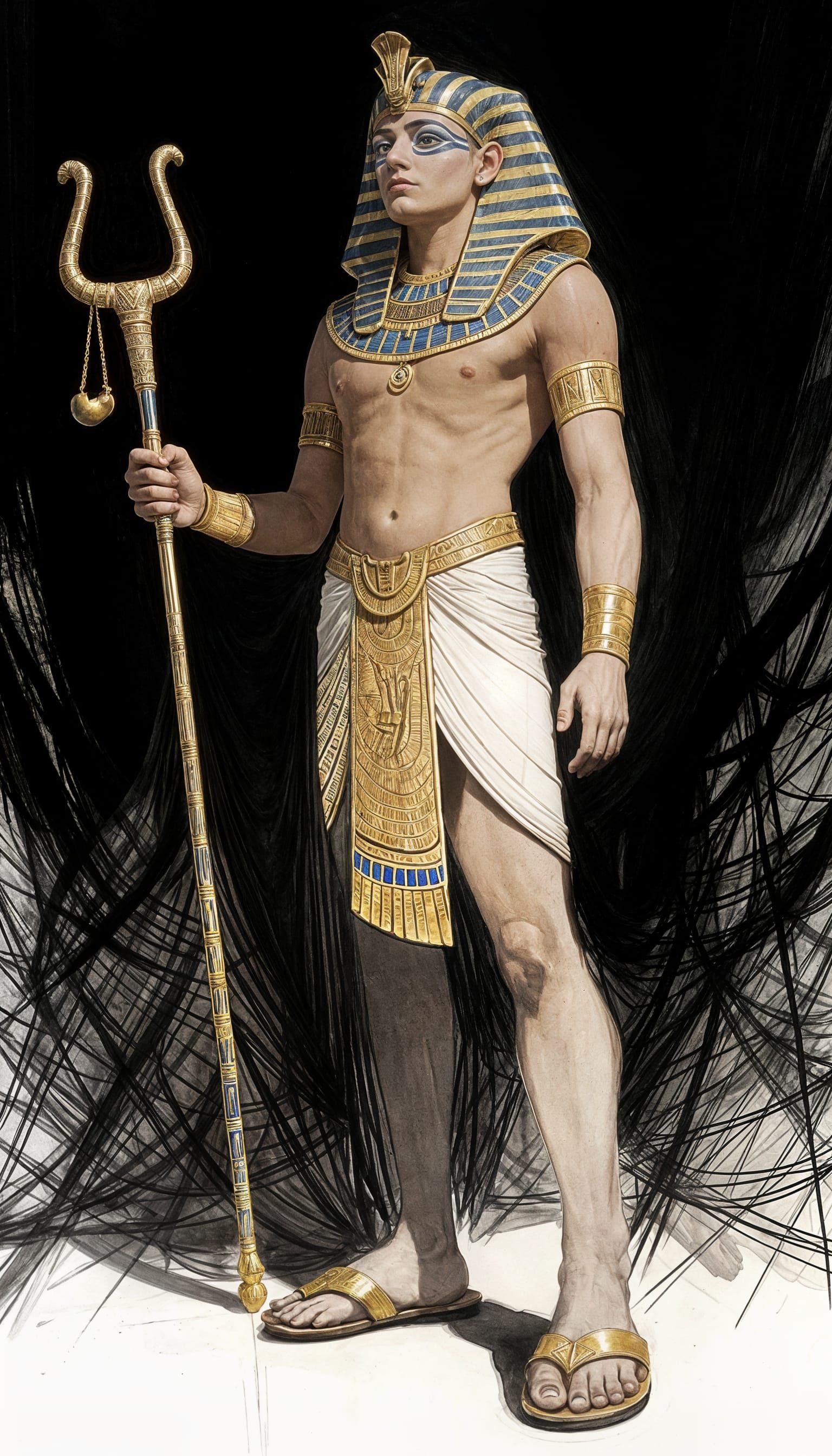 Pharaoh with Sceptre, Dramatic Low-Angle Ink Illustration