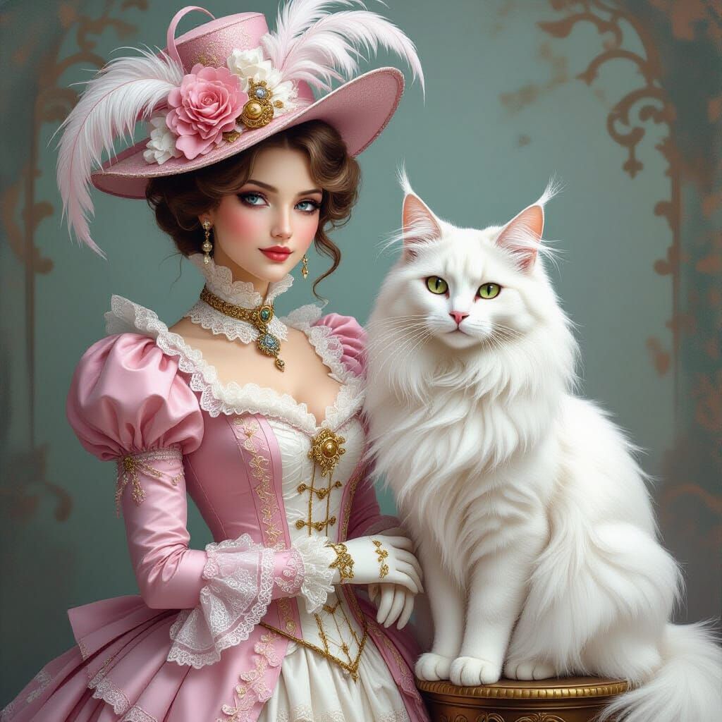 Steampunk Victorian Lady with White Cat, Detailed Render
