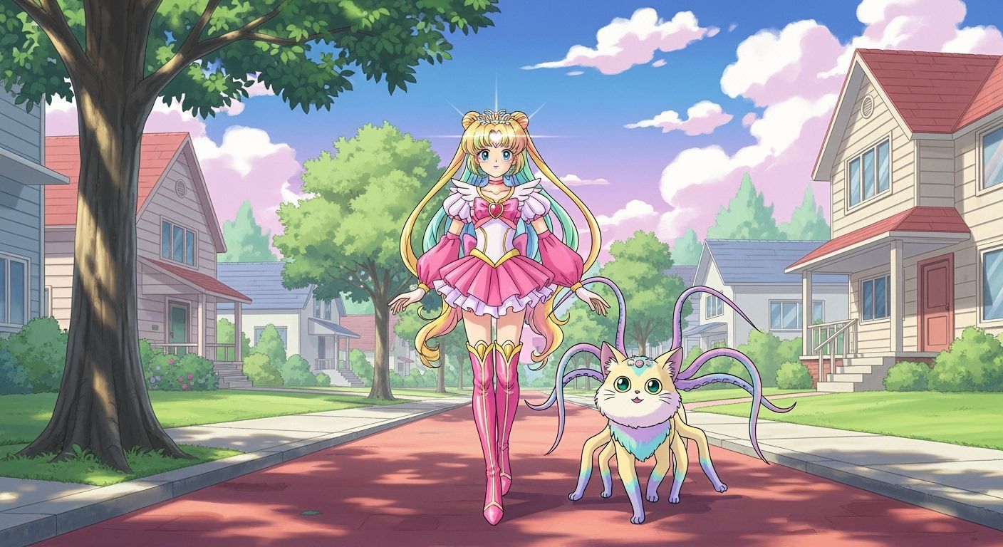 Magical Girl and Fluffy Beast in 90s Anime Style
