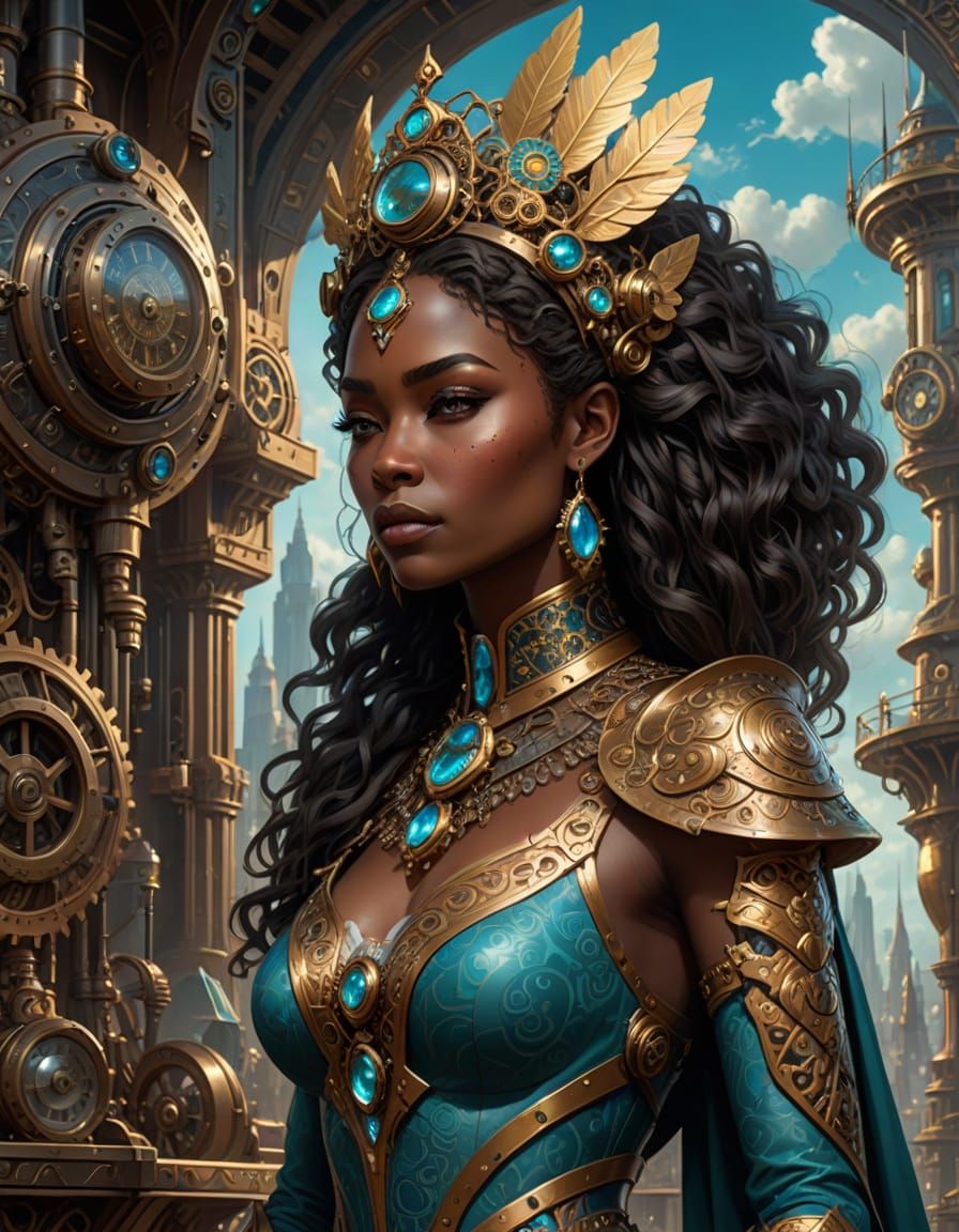 African Queen Overlooks Steampunk City at Twilight
