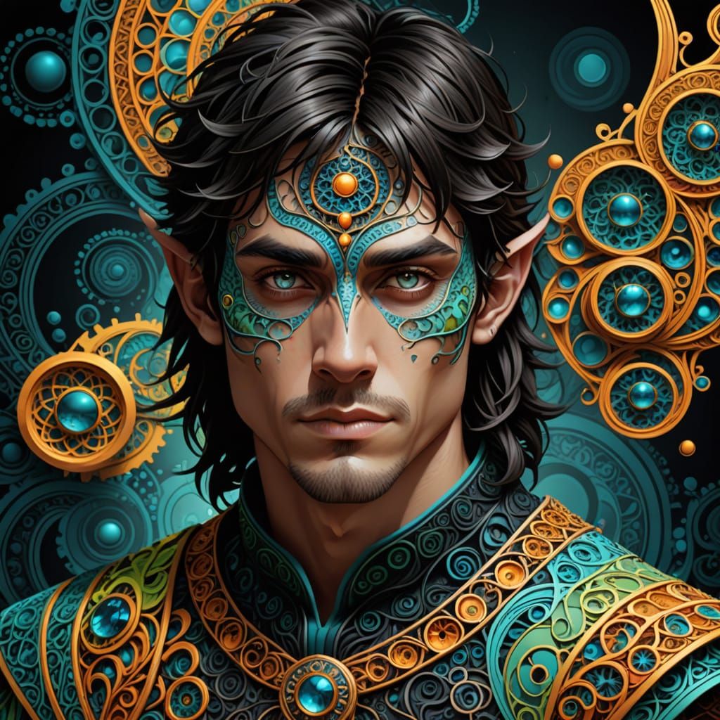 Half-Elf Druid Portrait in Zentangle Style