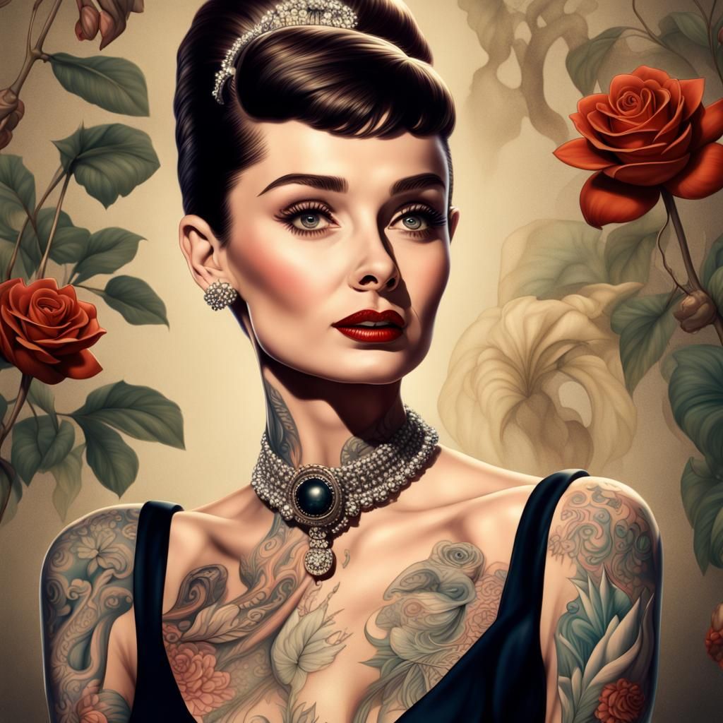 Tattooed Audrey Hepburn Pinup: Hyperrealistic Digital Art