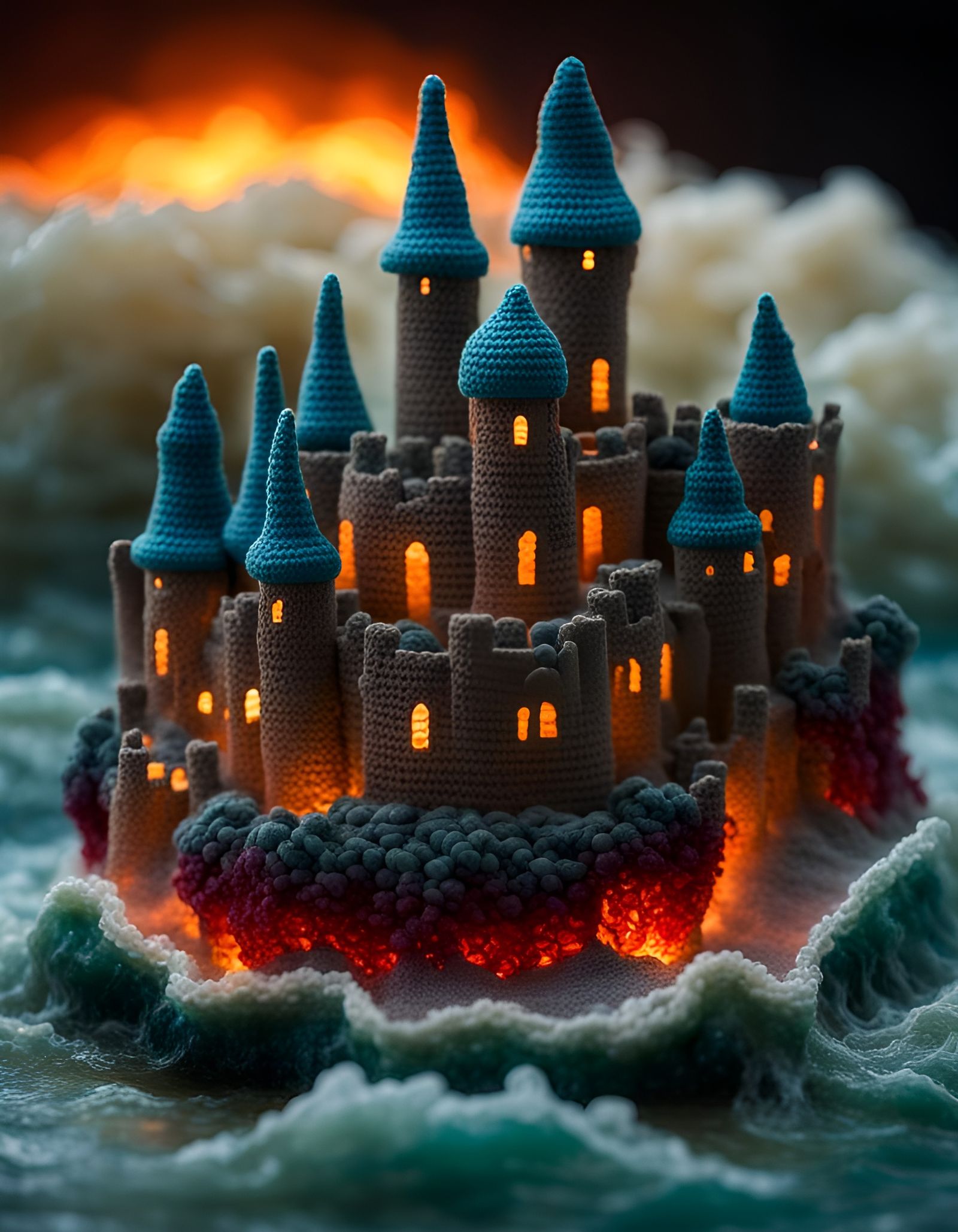 Miniature Crocheted Fantasy Castle with Glowing Flame
