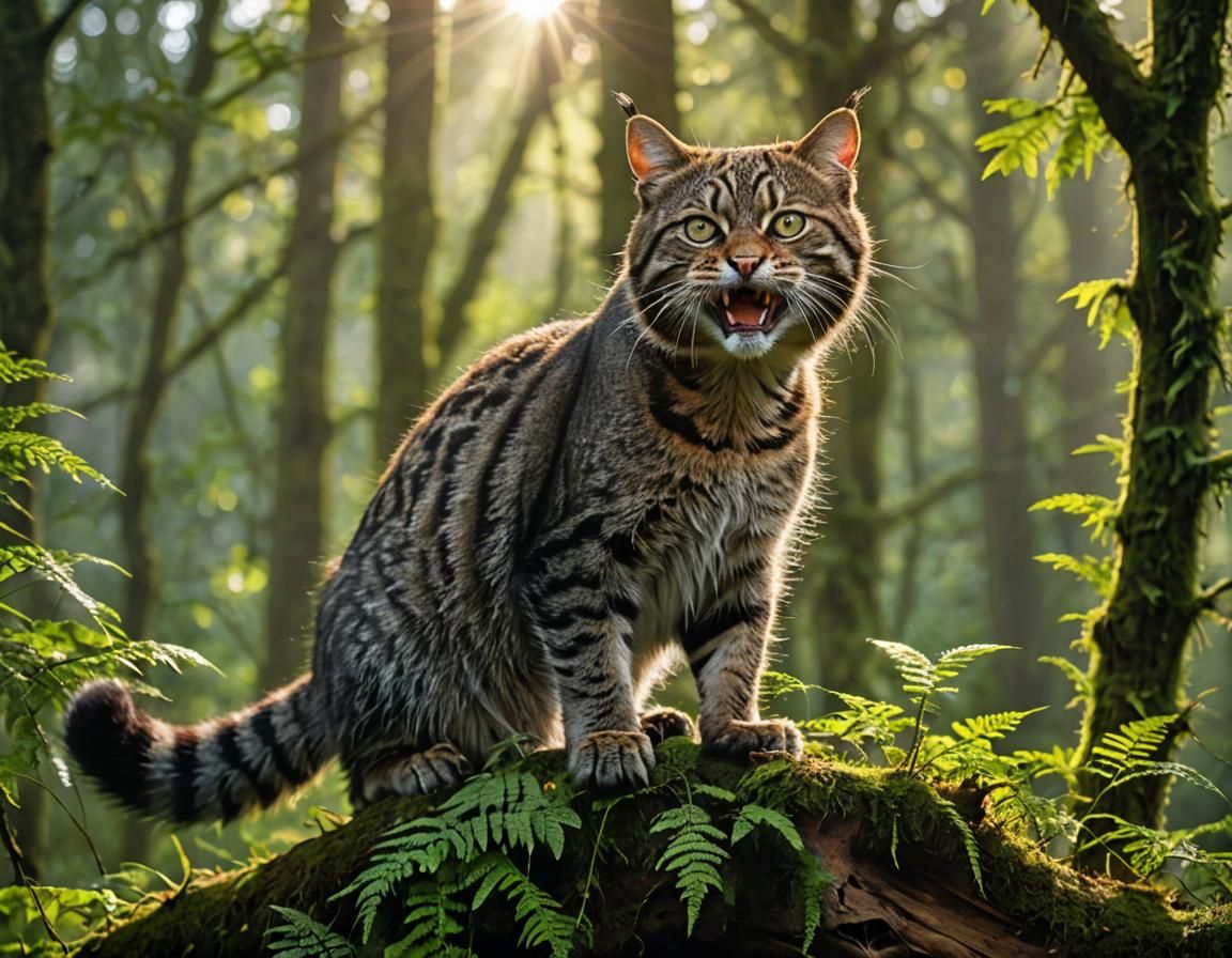 Scottish Wildcat Snarling in Misty Woodland