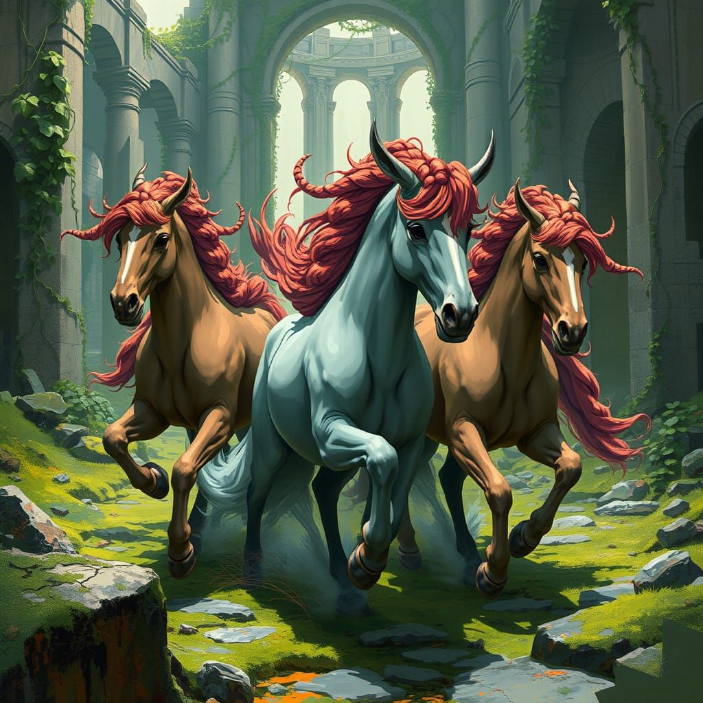 Centaur Herd Galloping Through Overgrown Ruins