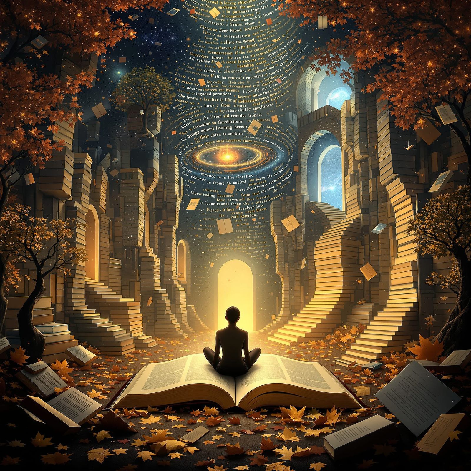 A surreal, imaginative scene where books float and drift thr...