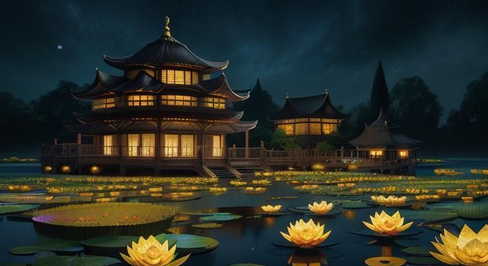 Golden Oriental Lanterns Glow in Magical Night
