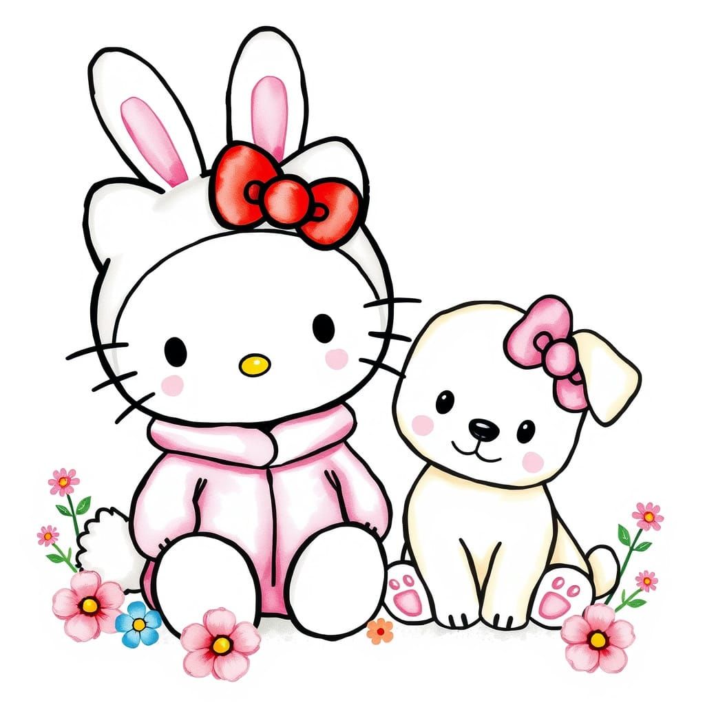 Hello Kitty wearing a pastel pink bunny onesie with fluffy tail and floppy ears, sitting next to her adorable puppy comp...