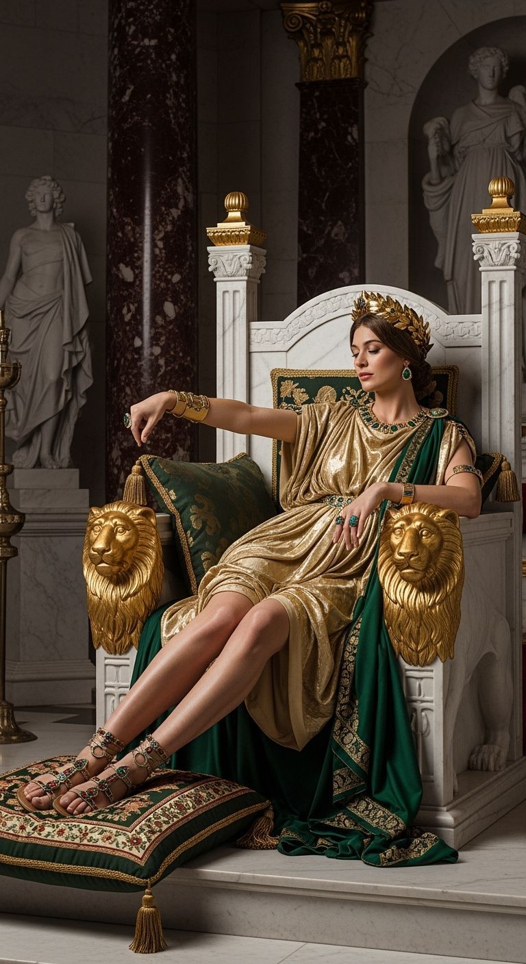 Elegant Roman Empress on Marble Throne, Royal Palace